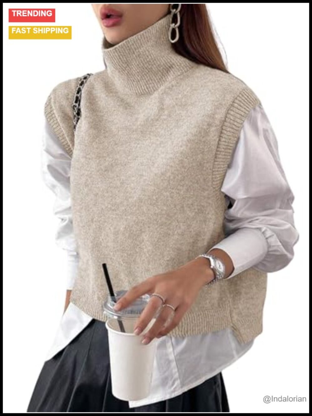 Sleeveless Turtleneck Crop Sweater Vest Women Knit Cotton Blend Loose Fit